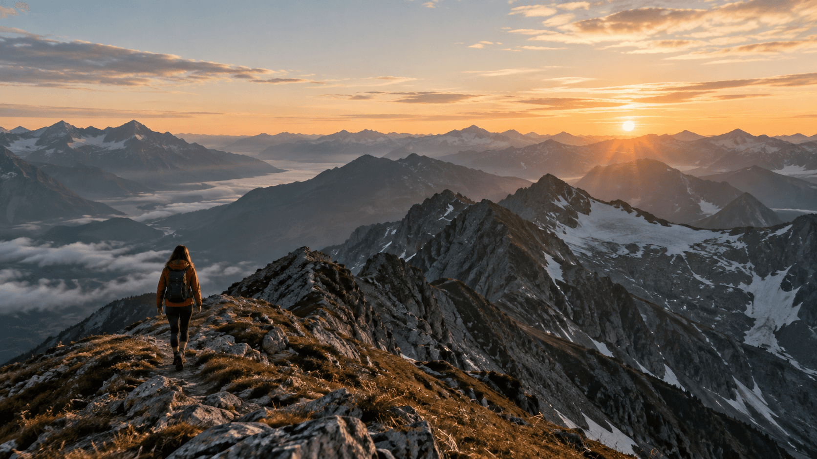 A hiker crossing an alpine ridge at sunrise