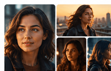 The same woman shown in four shots with consistent facial features