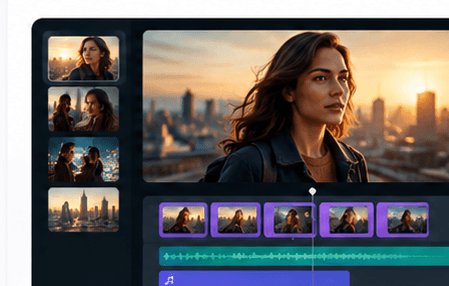 A video editor with scene thumbnails, a preview, a timeline, and audio tracks