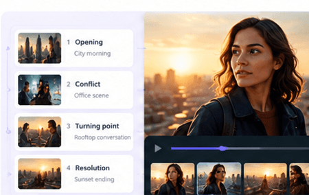 A scene list (opening, conflict, turning point, resolution) beside a preview of the lead character